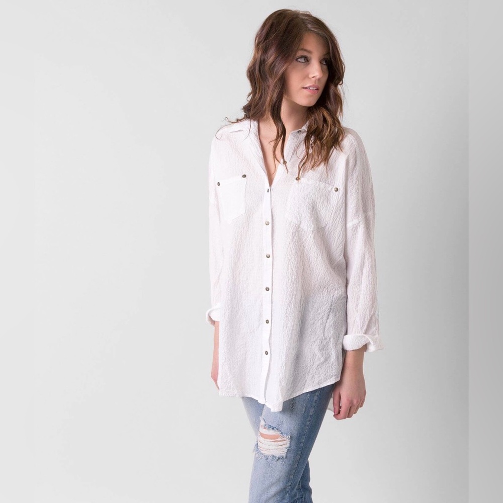 Free People White Textured Button-Down Tunic Shirt size small